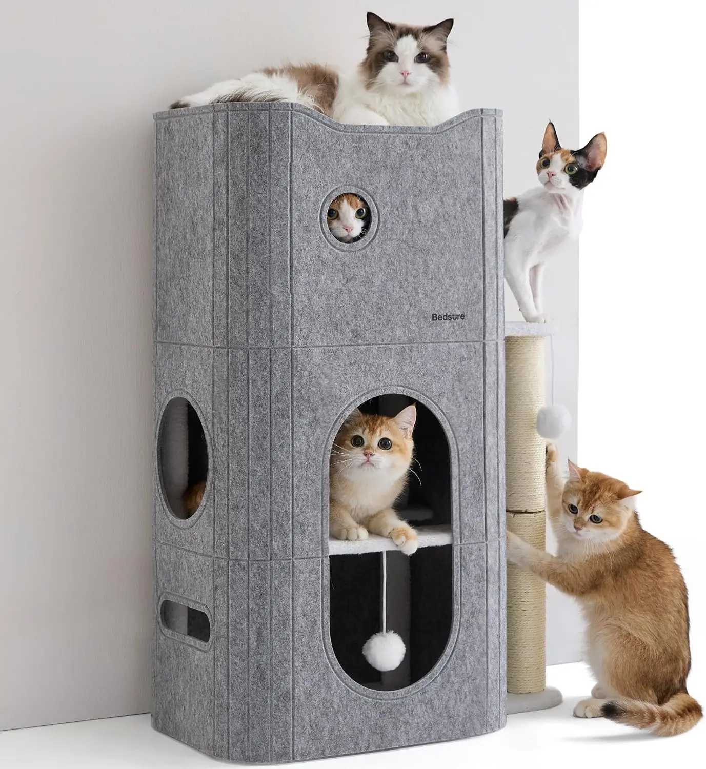 

3-Level Cat Tree with Scratching Post, Hideaway Cave, and Hanging Toy for Multiple Kitties to Play and Sleep