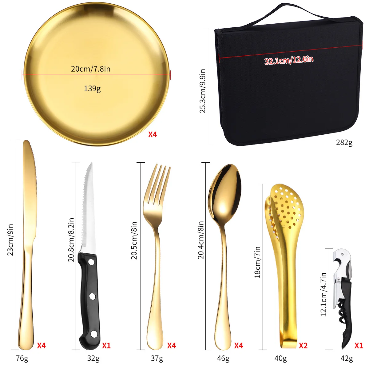 Golden Stainless Steel Tableware 20Pcs Set Steak Knife Fork Spoon For Outdoor Camping
