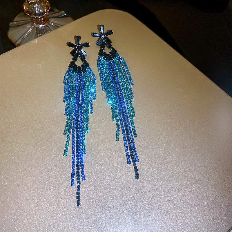 Blue Rhinestone Cubic Zirconia Long Tassel Earrings for Women Bridal Drop Dangling Earrings Party Wedding Jewelry Gifts