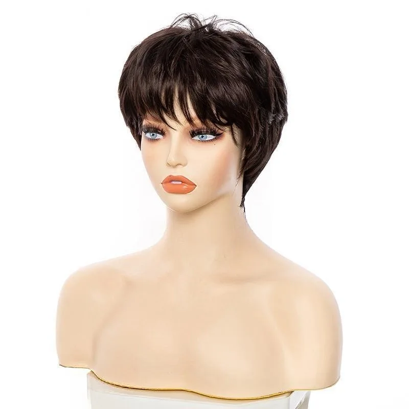 Women Short Pixie Cut Wig With Bang Brown Synthetic Heat Resistant Hair Wig Halloween Christmas Party Cosplay Costume Daily Wear
