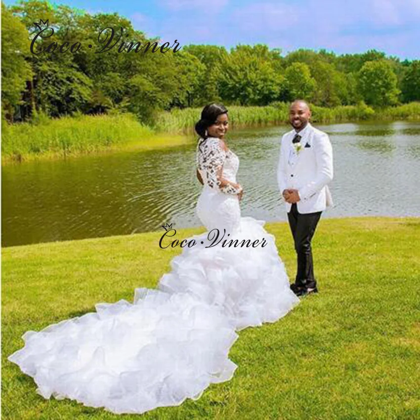 ที่กําหนดเองแขนยาวฉัตร Ruffle รถไฟชุดเดรสเมอร์เมด 2025 ลูกไม้ Appliques ประดับด้วยลูกปัดภาพลวงตาชุดแต่งงาน W0801