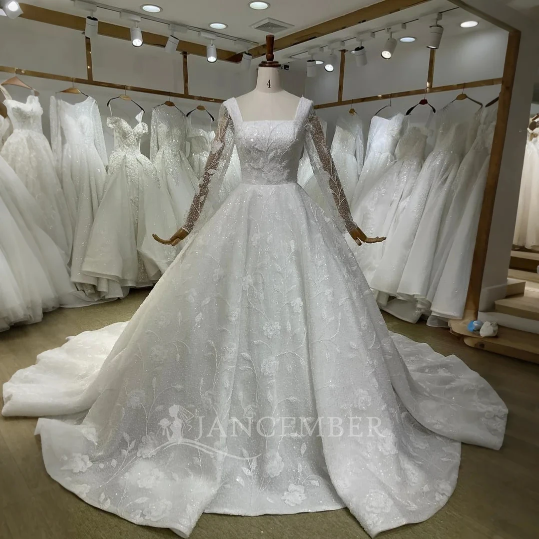 

Customized Wedding Dresses For Women Long Sleeve Princess Sparkling Square Collar Court Train Bridal Dress Vestidos De Novia