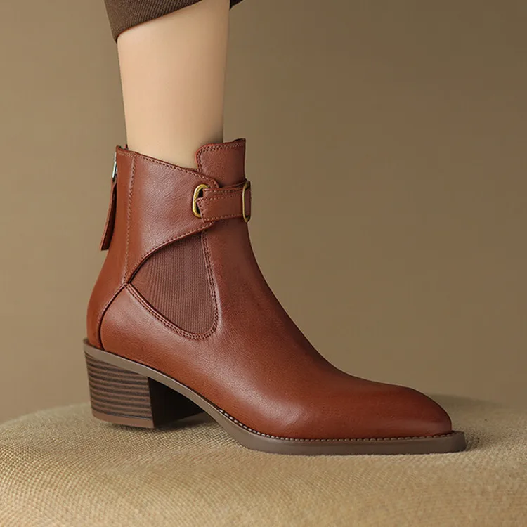 

Brown Leather Women Chic Ankle Boots Pointed Toe Short Autumn Western Botas Gold Buckle Strap Lady Black Riding Botines Femmes