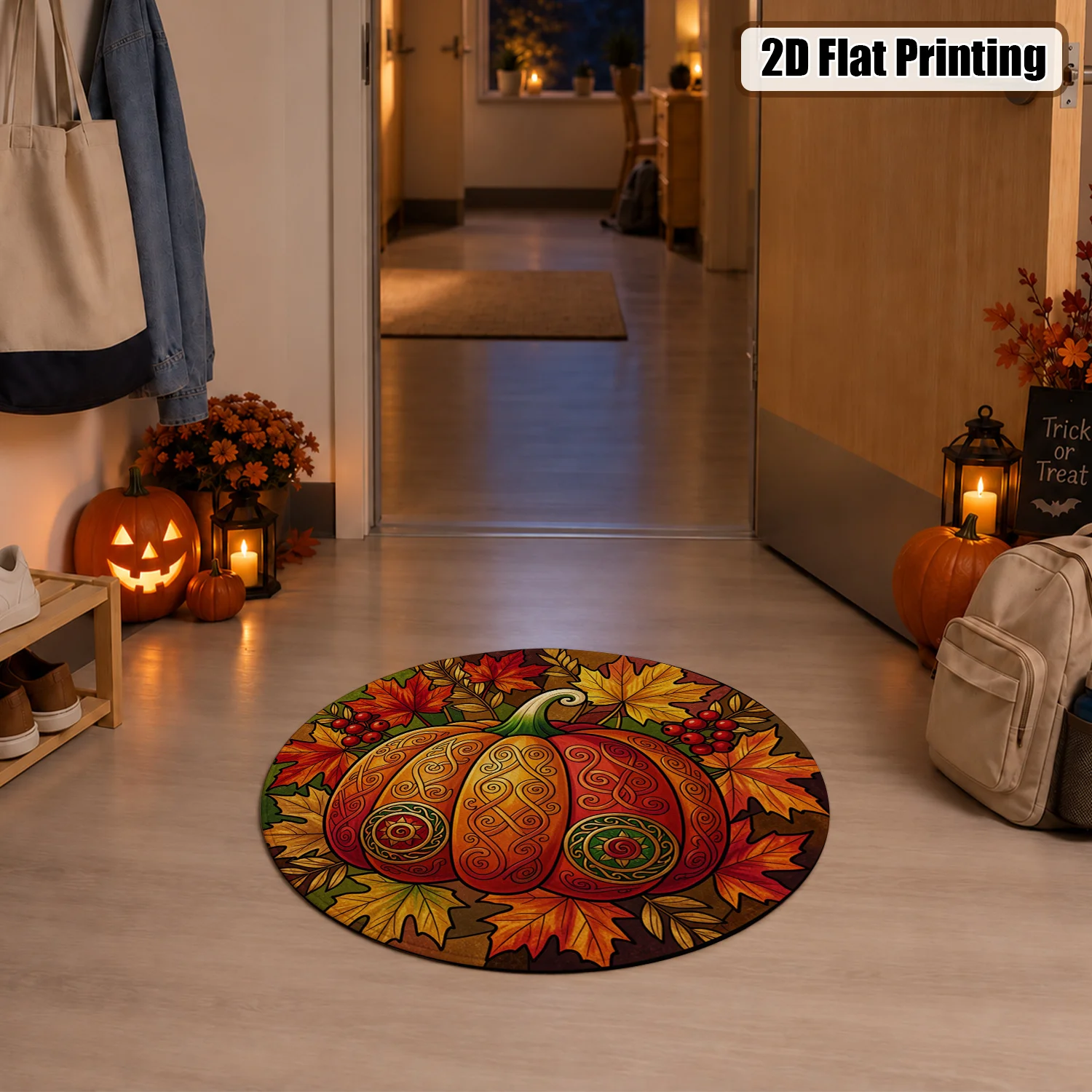 Stained Glass Autumn Pumpkin Maple Leaf Pattern Velvet Area Rug, Machine Washable, Suitable for Entryway, Living Room, Kitchen, Ideal for Halloween, Thanksgiving, Christmas, New Year Holiday Decor