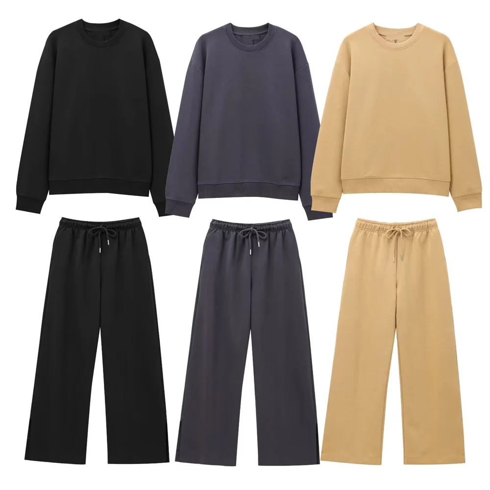 Taop&Za Autumn new women\'s fashionable casual loose round neck long sleeved sweatshirt with split legs and pants set