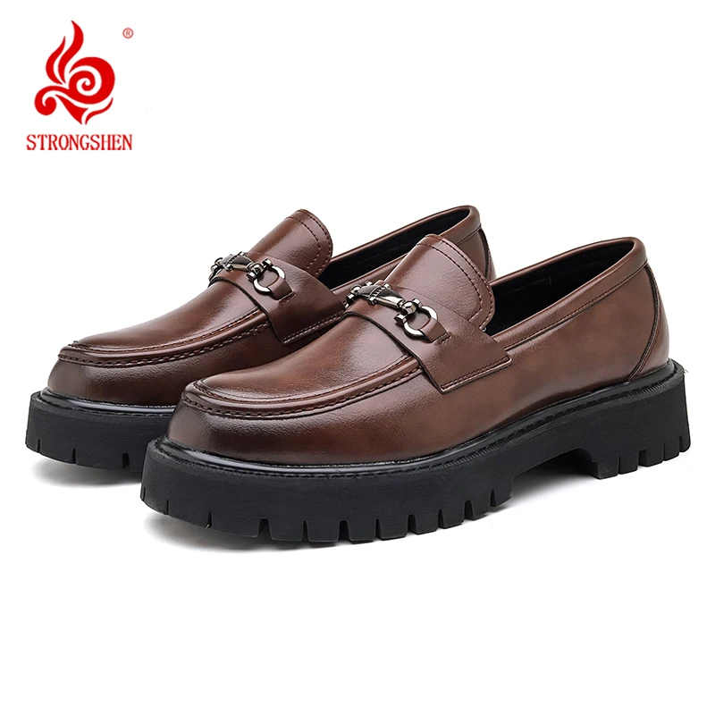 

STRONGSHEN Men Leather Shoes Thick-soled British Style Formal Business Shoes Fashion Luxury Slip-On Round Toe Office Casual Shoe
