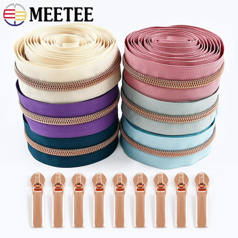 2/4/5/8/10Meters 5# Long Nylon Zipper Tape with Rose Gold Teeth Sliders for Bag Garment Repair DIY Sewing Coil Craft Accessories
