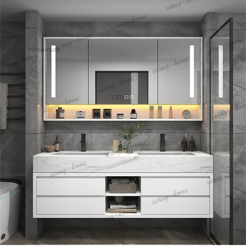 PG Modern European Luxury Slate Double Sink Bathroom Cabinet Set Solid Wood Integrated Basin Designer Bathroom Furniture Home