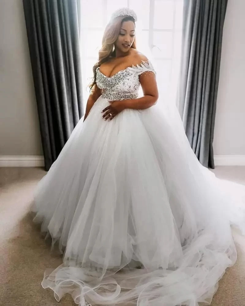 Vestidos De novia De perlas De talla grande personalizados, Vestidos De novia con cuentas y hombros descubiertos, Apliques De encaje De cristal con lentejuelas, Vestidos De No