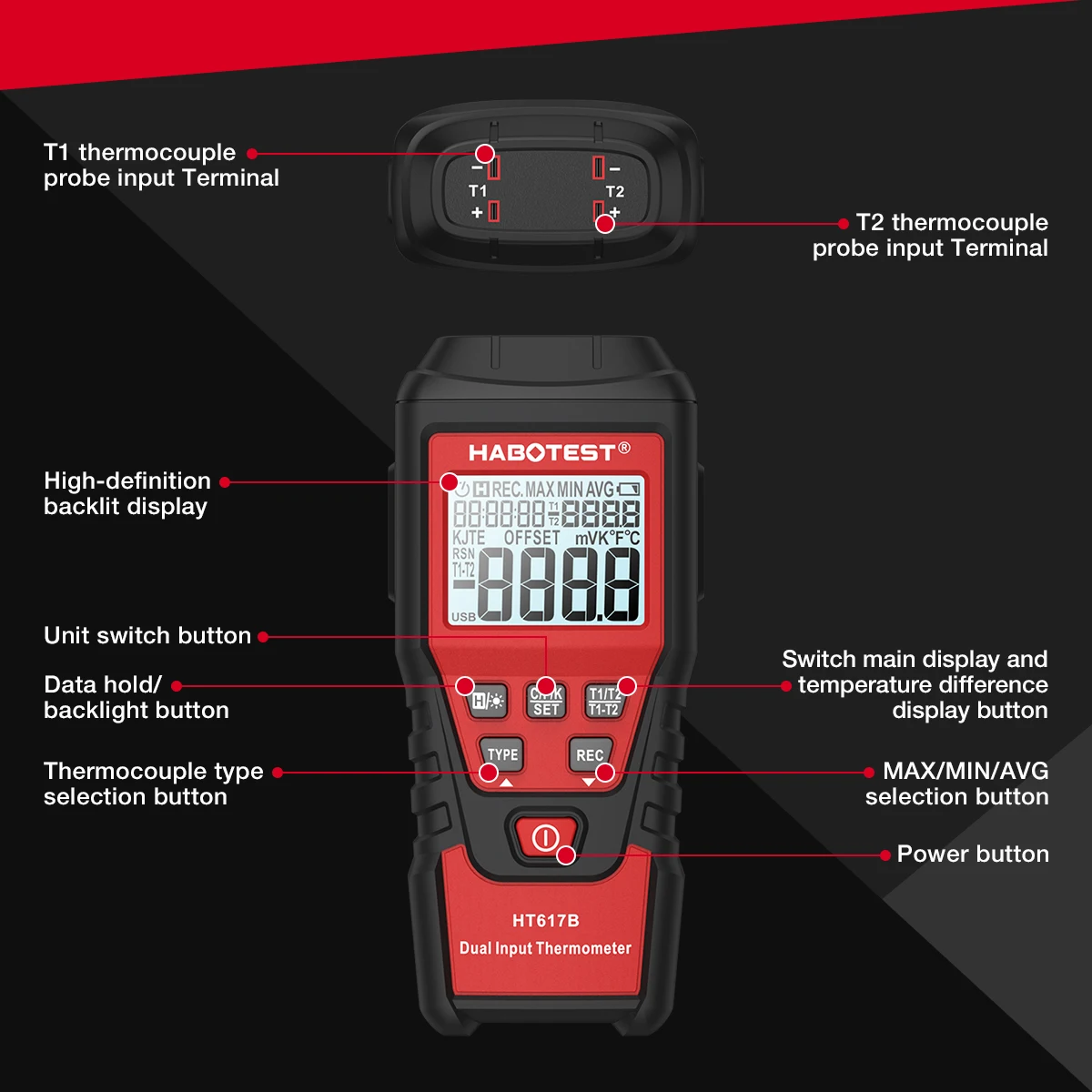 Digital Dual Channel Thermocouple Thermometer HT617B Digital Thermometer Temperature Meter Tester Suitable for Liquid Hydrogen