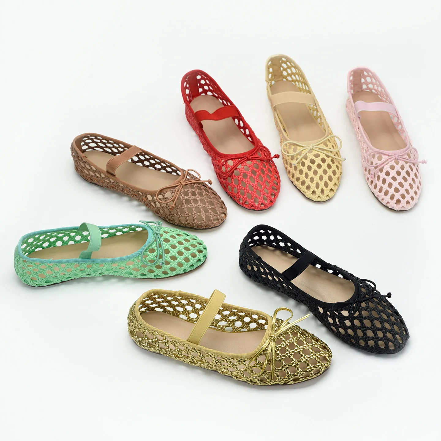 Woven Mesh Ballet Flats for Women Summer Round Toe Slip on Fishnet Sandals Casual Breathable Leather Mary Jaens Ladies Shoes
