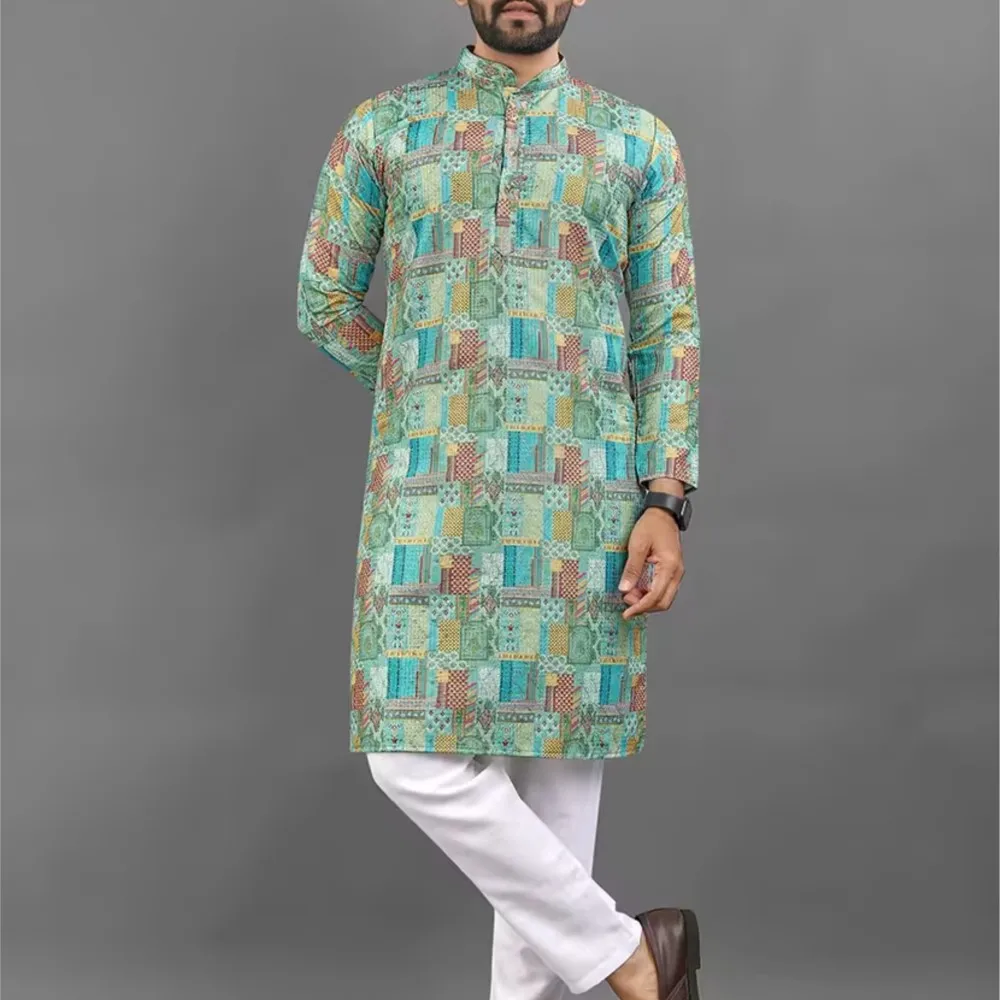 قميص كورتا مطبوع رقميًا للرجال لعام 2026 بقصة عادية وياقة الماندرين طويلة مناسبة لجميع المناسبات مثل الزفاف Hari Raya Aidilfitri #1