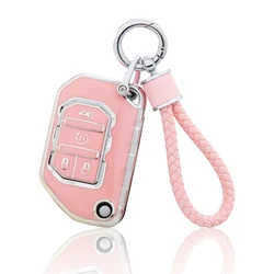 for Jeep Key Fob Cover with Keychain, Pink Soft TPU Key Case Protection Fit for 2018-2022 Jeep Gladiator Wrangler Sahara Rubicon