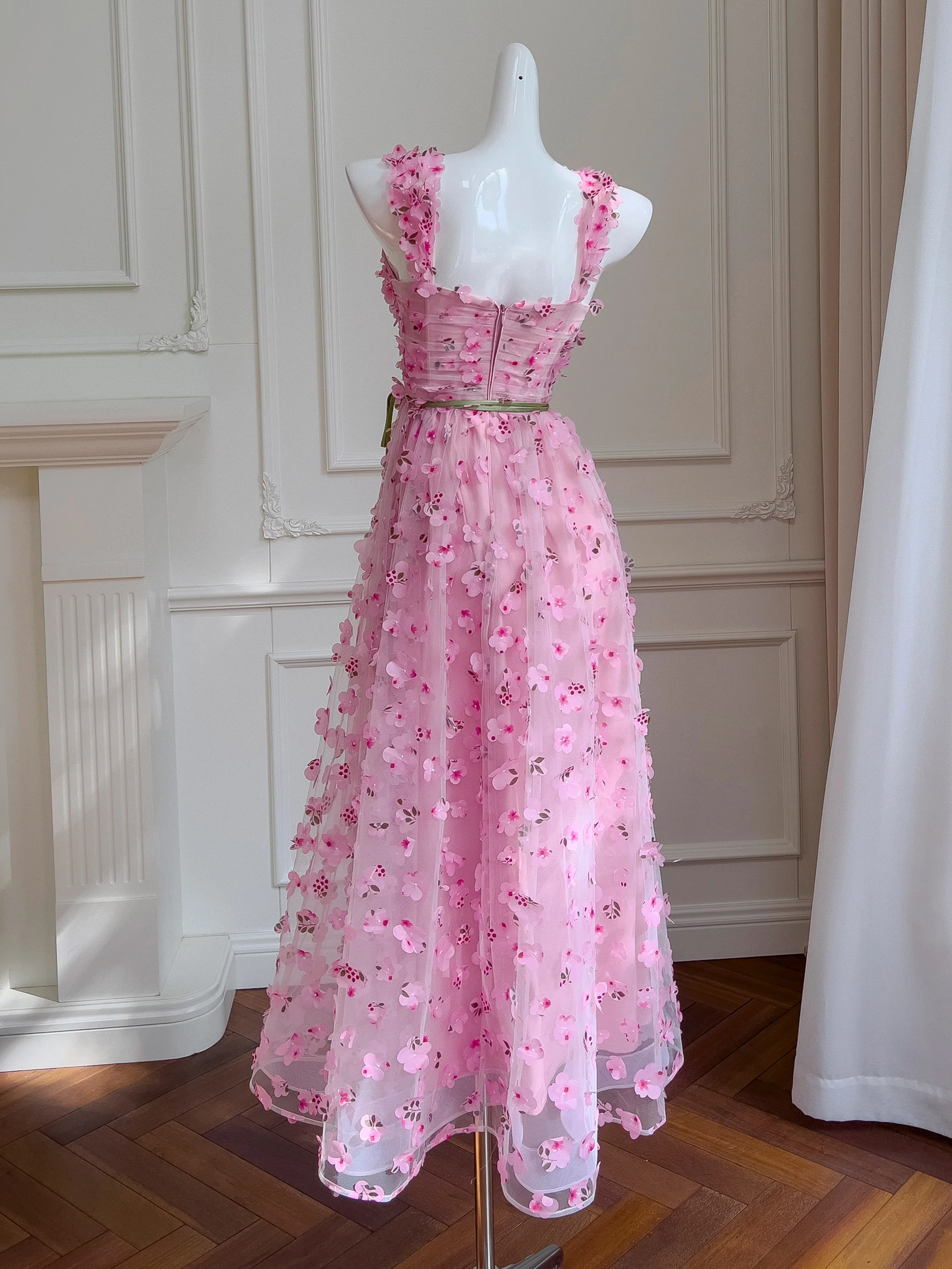 Ele Rosa Spitze 3D Blume Trägerkleid Fee T Princ Langes Dr Abendball Dr Frauen Sommer Nylonfaserkleid
