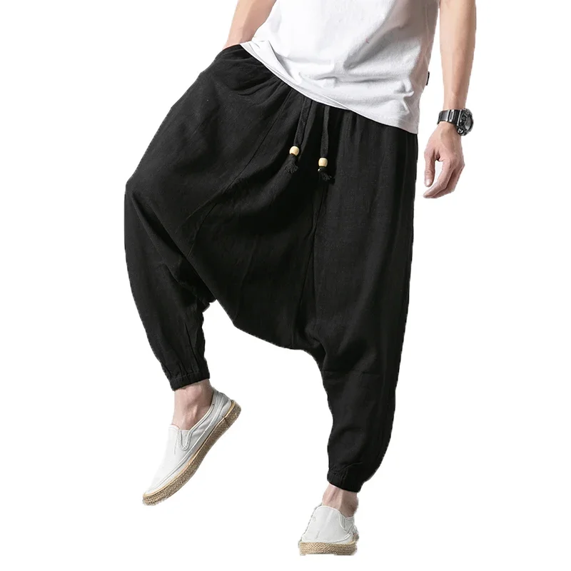 Men Wide Legs Pants Baggy Harem Pants Men Solid Black Trousers Male HipHop Joggers man streetwear hip hop linen Cross-pants