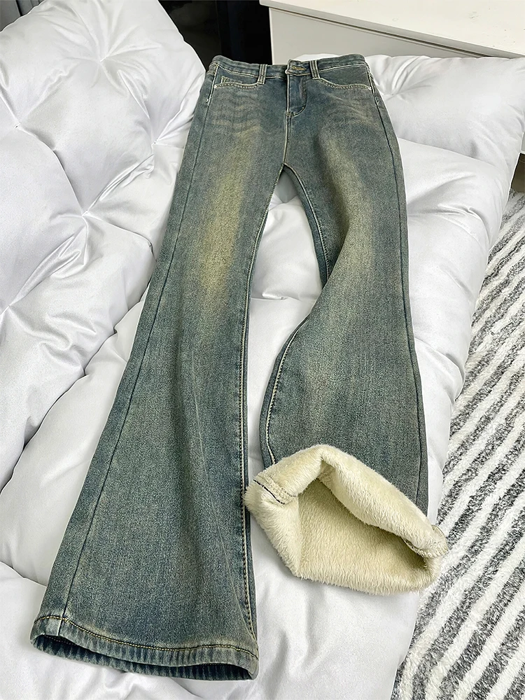 plus Size Fleece Lined Thickened Micro Flared Jeans Women Winter High Waist Slimming Bell Bottoms American Style Denim Pants