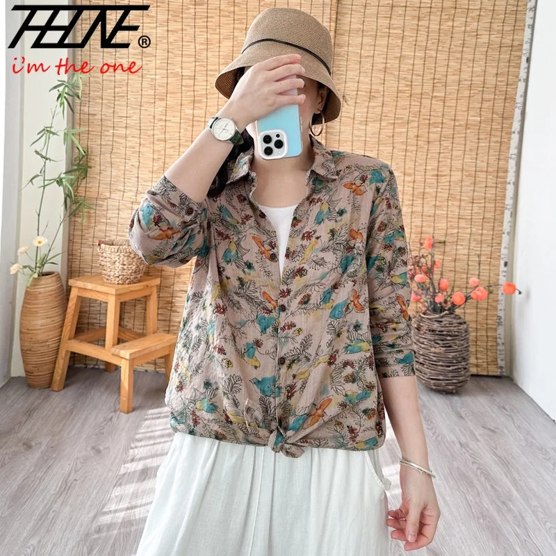 THHONE Women Plus Size New Shirts 2023 Oversized Blouses Korean Style Cotton Linen Printed Shirt Blouse Casual Top Blusas