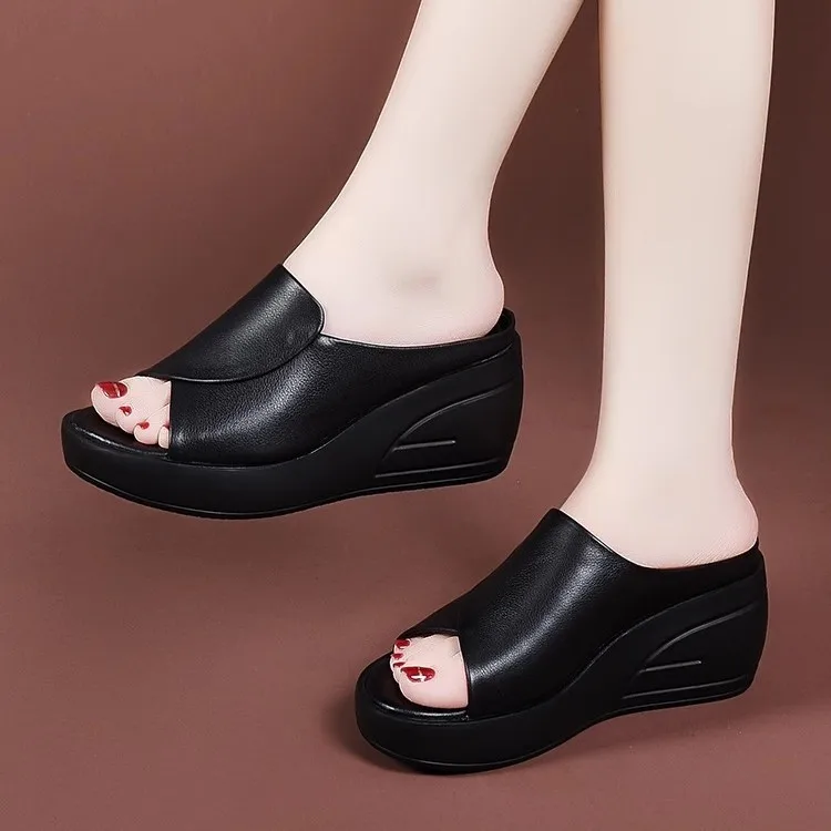 New Open Toe Sexy Solid Thick Sole Slope Heel Slippers for Women Outwear Comfortable Platform Women's Single Shoes