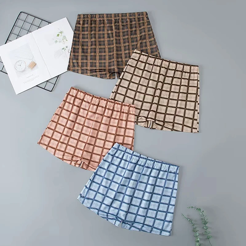 4-Piece Set of Men's Four-Season Comfortable Plus Size Plaid Aro Pants Casual Flat Angle Pants Elastic Waist Underwear Home Pant
