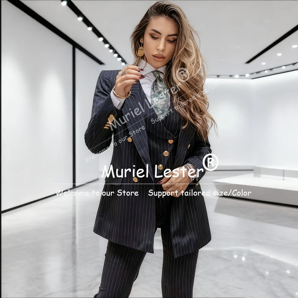 

Classic Stripes Suit Women For Business Double Breasted Prom Blazer Customized 3 Pieces Banquet Tuxedos חליפות נשים