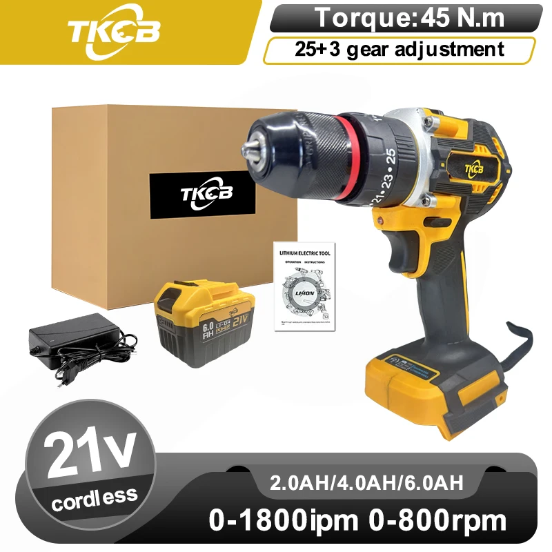 TKCB 10mm Trapano a batteria senza spazzole Trapano a mano elettrico Cacciavite 2 velocità 23 Impostazione di coppia Adatto a batteria Makita 18v