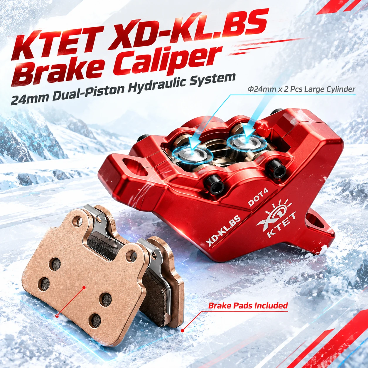 YVY K20 EKX X21 Bremssattel, KTET XD-KL.BS 2-Kolben-Hydraulikscheibenbremse, E-Bike-Ersatz mit Bremsbelägen – Detail 1