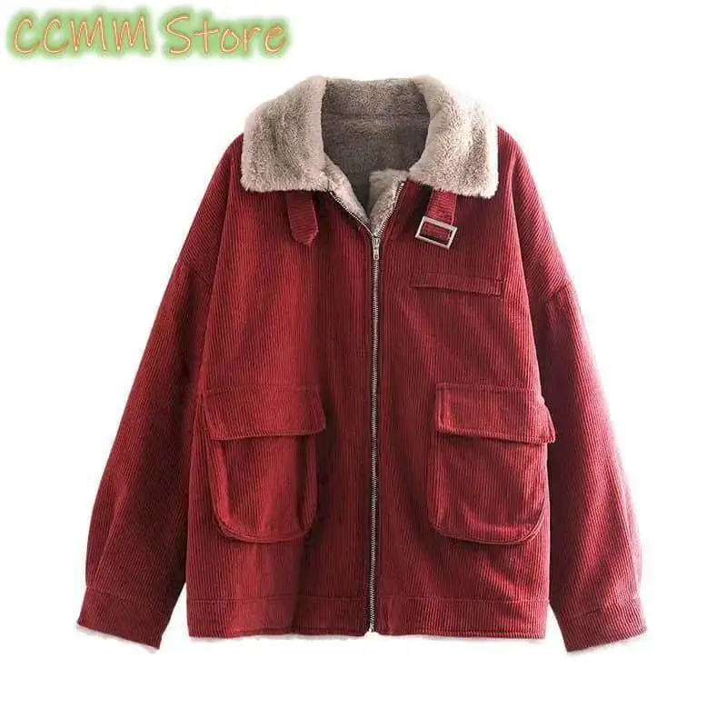 Winter Coat Women New Korean Loose Wild Zipper Corduroy Lamb Wool Jacket Thicken Warm Tooling Cotton Jackets Womens Parkas