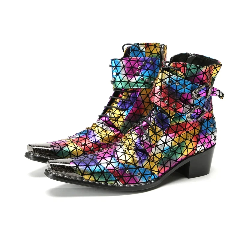 

Bota Masculina Colorful Buckle Club Party Dress Shoes Cowboy Male Leather Short Boots Pointed Toe Lace Up Motorcycle Short Boots