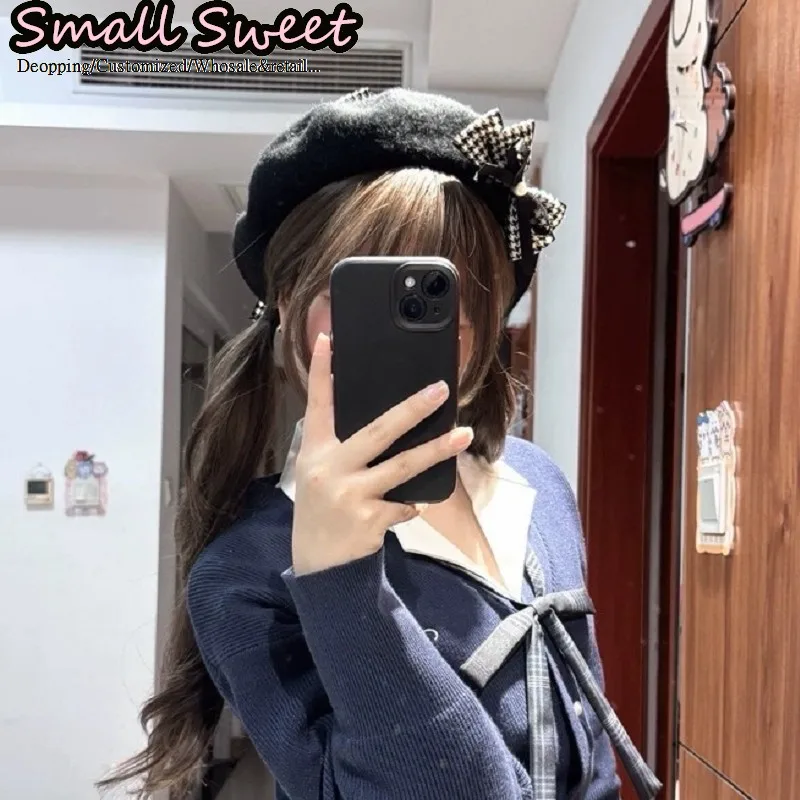 Women's Harajuku Style Elegant Lolita Wool Lace Ruffle Bow Black White Plaid Subculture Spring Beret Kawaii Versatile hat