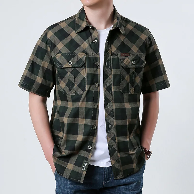 

Men's Summer Cotton Checkered Shirt Short-Sleeved Casual Loose Workwear for Middle-Aged And Young Multi-Bag Fashion