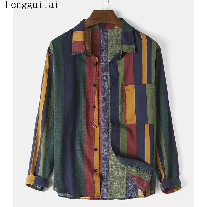 Men's Color Block Vertical Stripe Shirt Lapel Long Sleeve Button Down Casual Loose Retro Linen Blend Shirt With Chest Pocket