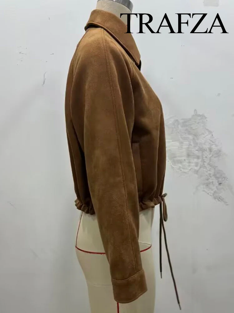 

TRAFZA Women 2025 Fashion Vintage Lapel Suede Cloth Long Sleeve Coat Female Autumn Casual Hem Drawstring Waist Slimming Jacket