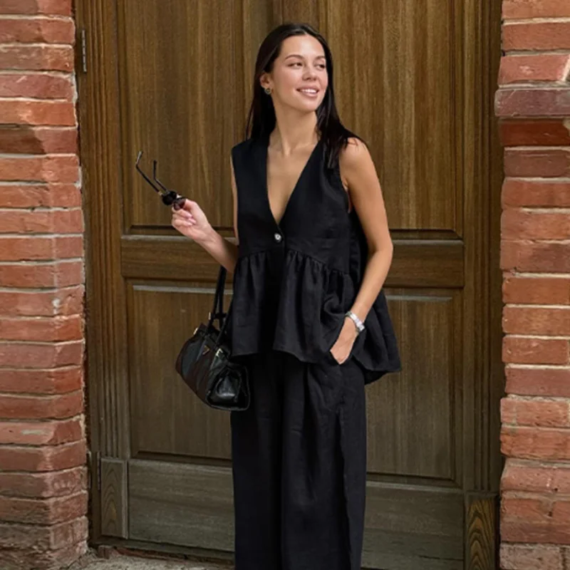 

Elegant Casual Women Shirt Pants Set Deep V Chic High Waist Wide Leg Long Pants Suit 2025 New Summer Daily Commute Lady Outfit