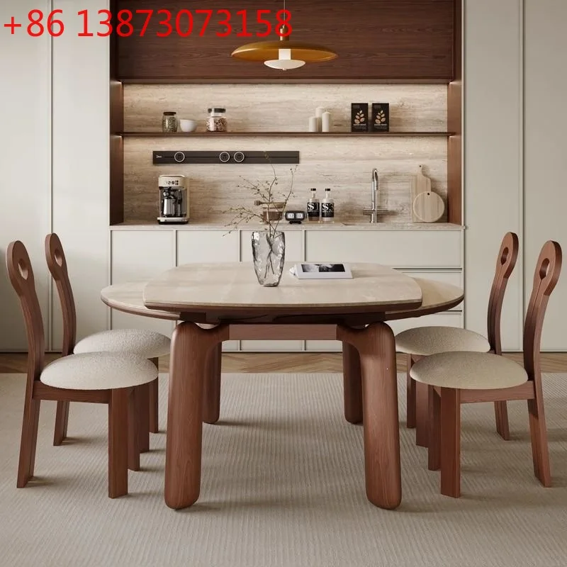 French medieval style solid wood travertine rock slab retractable dining table household retro style living room dining table