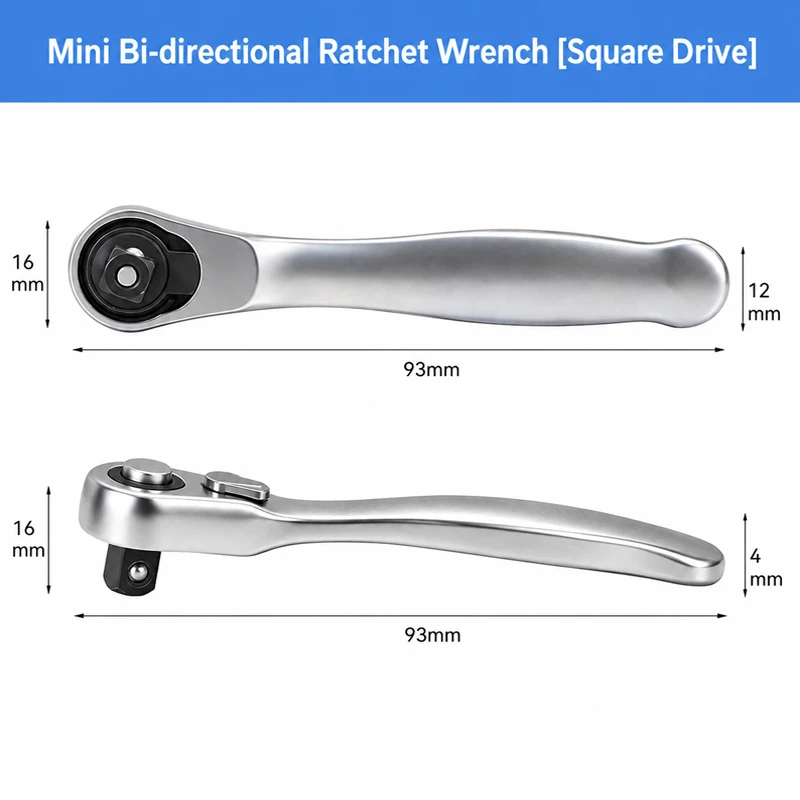 Mini Bidirectional Ratchet Wrench, 93mm Small Dual Direction Ratchet Screwdriver Hex / Square Drive Compact Ratchet Handle