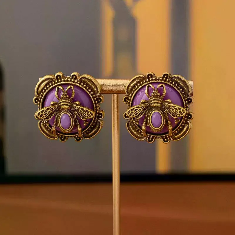 Vintage Moth Studs Earrings For Woman Glass Bee Antique Gold Color Luxury Quality Jewelry Wedding Party Accessories