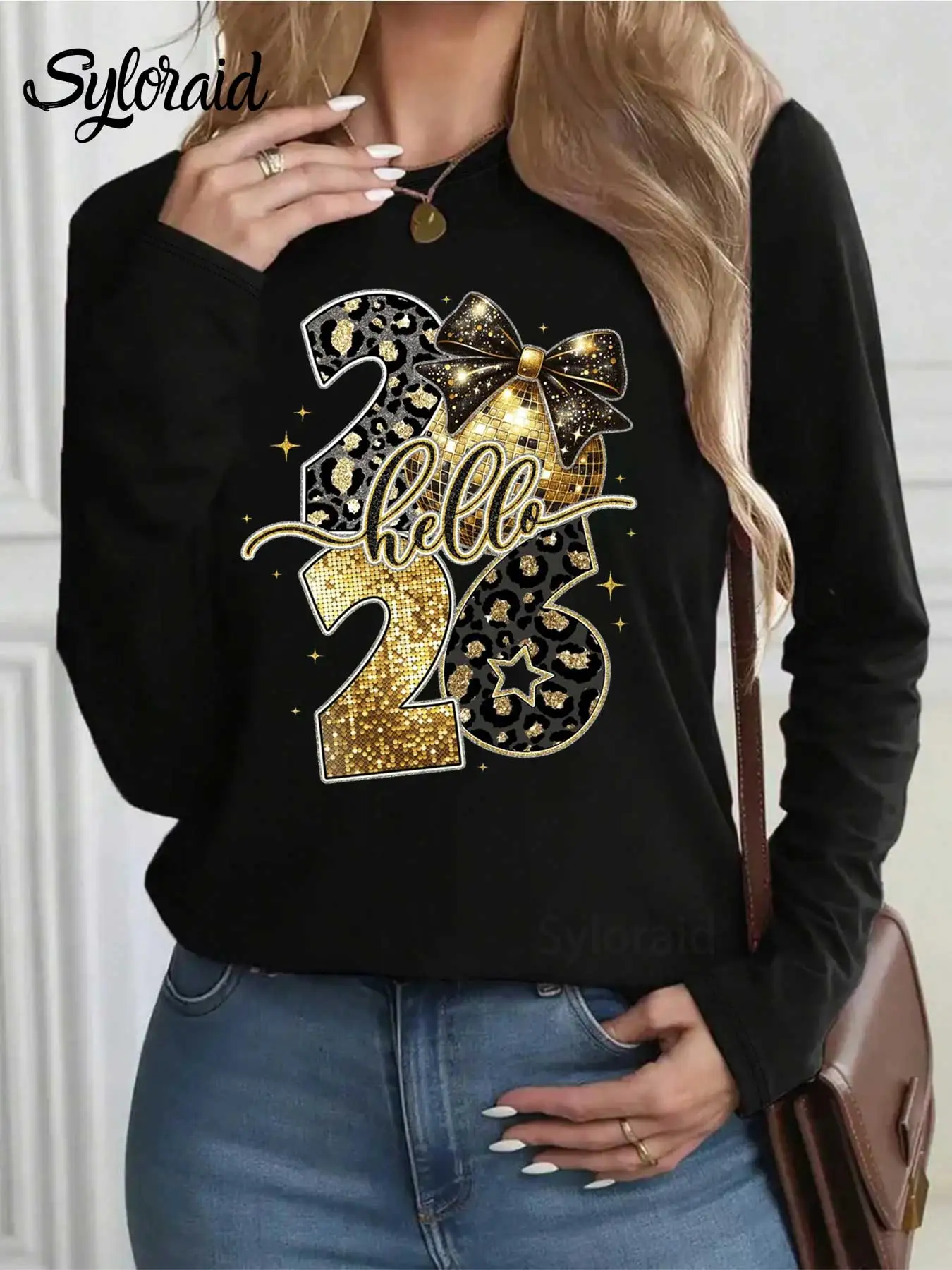 Dames T-shirt met lange mouwen Hallo 2026 Nieuwjaar Discobal Boogprint T-shirt Mode Ronde hals Casual top