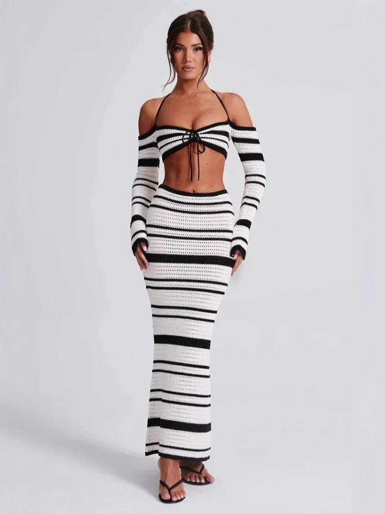 

Summer New Fashion Women's 2 Piece Skirt Outfits Halter Neck Knit Striped Tops Long Skinny Skirt Casual Beach Vacation Set