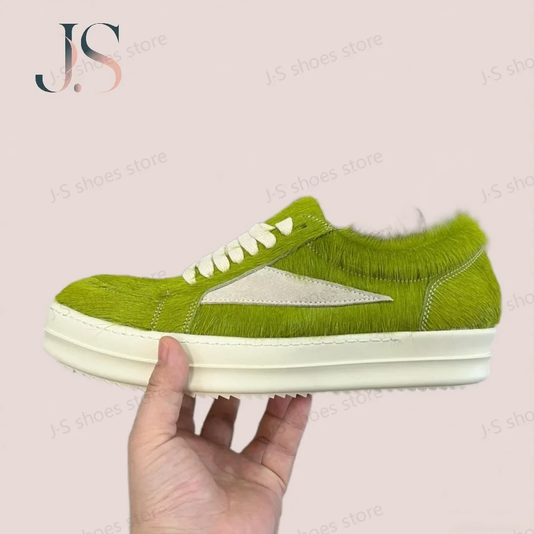 

R-o Retro Design Men Shoe Green Horse Hair Women Low Top Casual Shoes Sneaker Green Horsehair White Suede Flat Sneakers