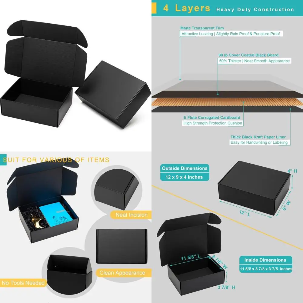 Pacote com 24 Caixas de Papelão Pretas de 12x9x4 Polegadas com Fecho de Aba para Embalagem de Pequenos Negócios