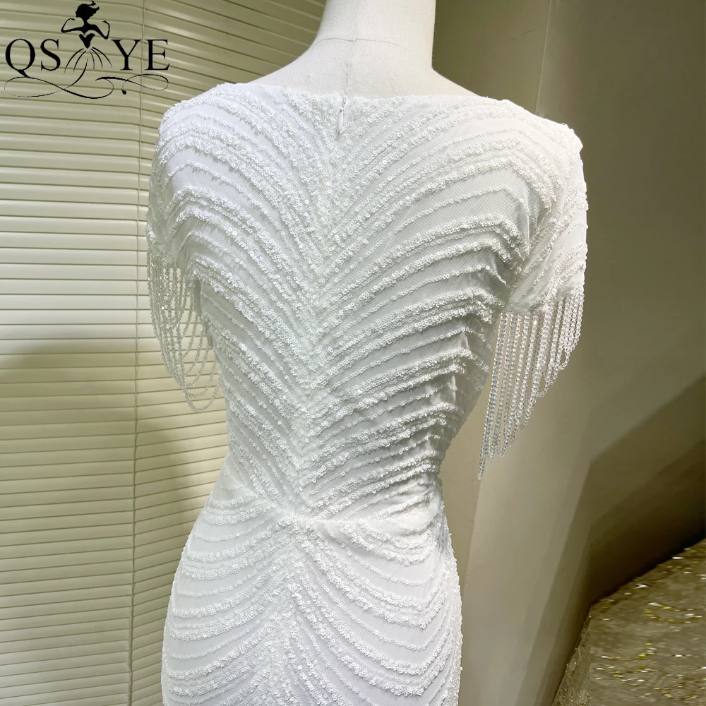 Vestidos de Noche blancos con lentejuelas de sarga para mujer, vestido de graduación de encaje de sirena, cuello en V, cuentas, Mangas de casquillo, ajuste elegante, vestido Formal de fiesta, 2024