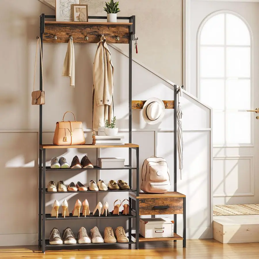 Albero da ingresso, appendiabiti da ingresso, panca per scarpe, scarpiera e appendiabiti per ingresso, appendiabiti da ingresso, con cassetto in tessuto non tessuto, per