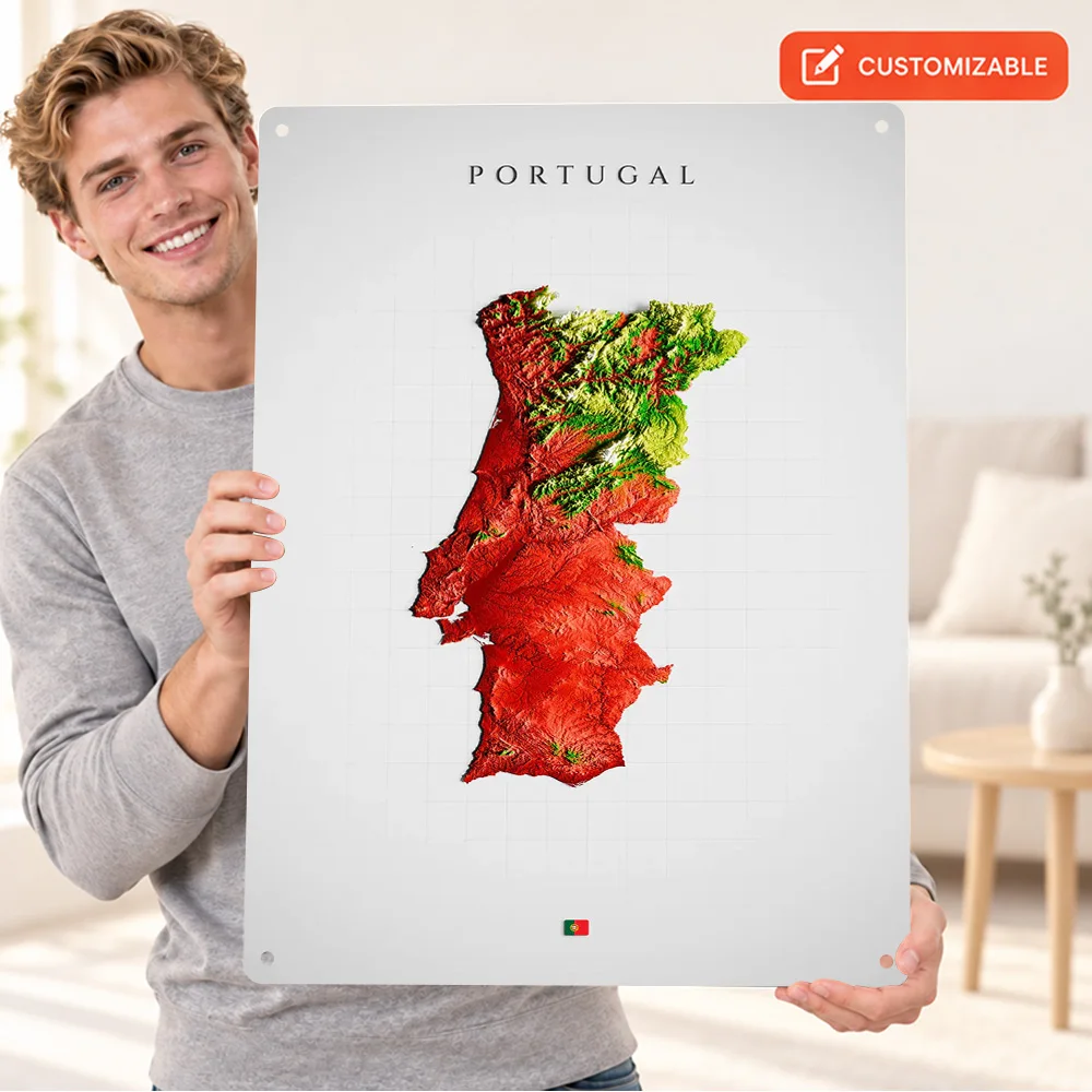 Portugal Terrain Map Textured Metal Poster Personalized Aluminum Sign Color Relief Effect Wall Art For Travel Agency Reception
