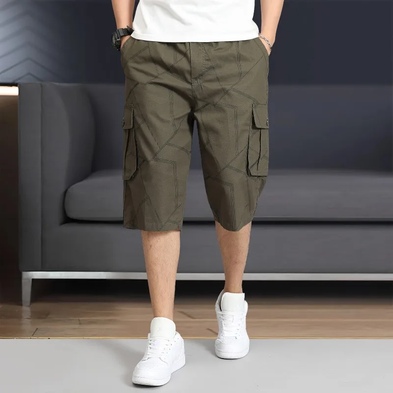 Men\'s Striped Summer Geometric Pattern Printed Button Pockets with Elastic High Waisted Loose Sportswear Trousers Vintage Shorts