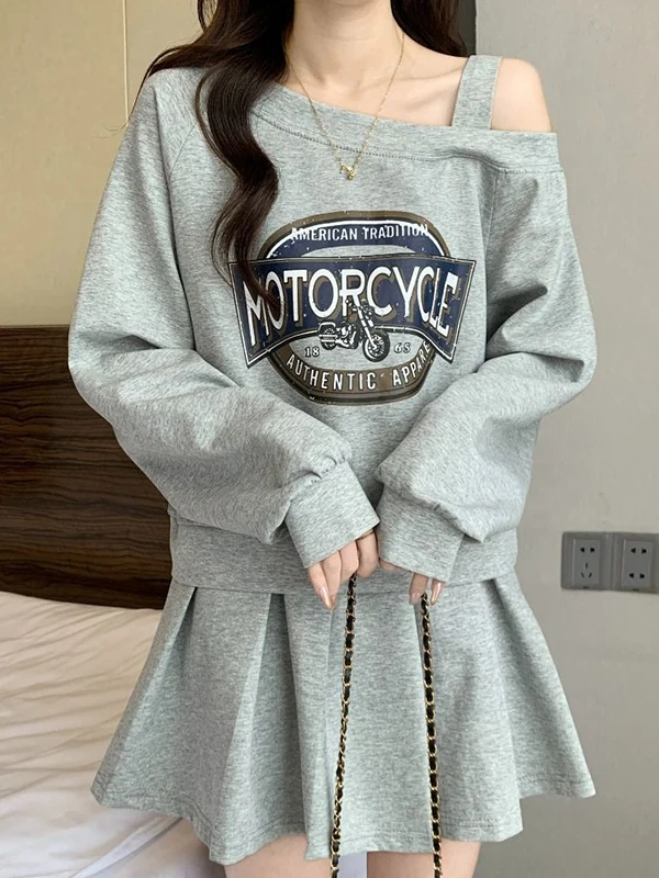 

plus Size 300 Pou ey oulder Bared Long Sve High Waist Skirt Set Women's Faion Autumn Outfit A-Line Skirt