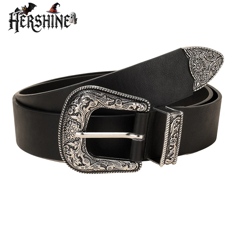 HERSHINE 1 piece women's vintage silver flower buckle black belt unisex bohemian western style suitable for jeans Halloween