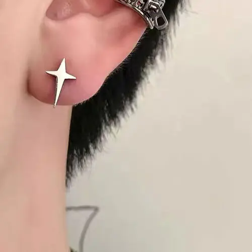 2pc Gothic Punk Style Copper Metal Studs Earrings Silver Color Stars Cross Pendientes Fashion For Women Men Personality Jewelry