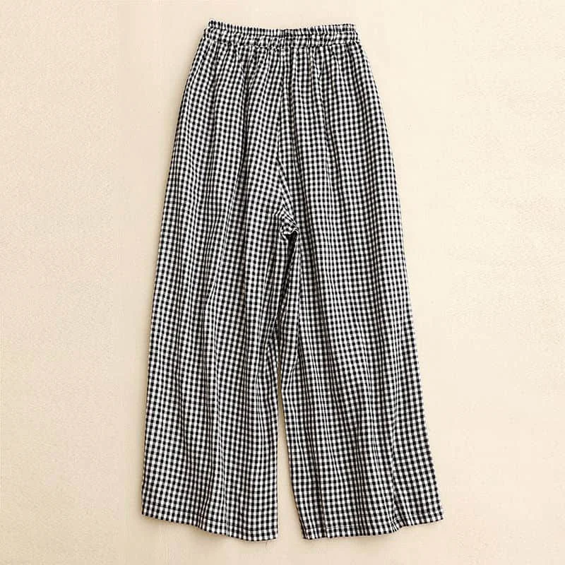 Straight Pants Women Summer Plaid Vintage Korean Style Elastic Waist Drape Fabric Trousers Casual Pleated Flowing Baggy Pants