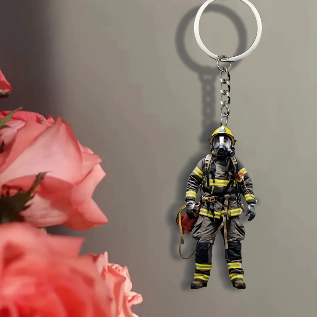 Firemen Warrior Keychain,2D Flat Acrylic Pendant,Firefighter Ornament Charms,Hanging Decoration for Bags/Festive/Party/Home/Gift