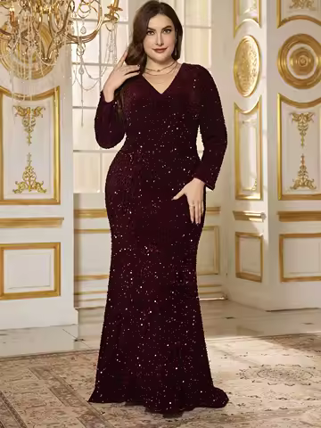 UNITHORSE Plus Size V-Neck Long Sleeve Pleated Chest Velvet Sequin Maxi Evening Party Dress, Black Elegant Formal Dress